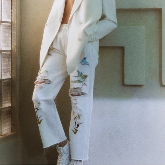 7 For All Mankind Jeans Womens 24 Easy White Straight Ankle floral Embroidery - Picture 1 of 16